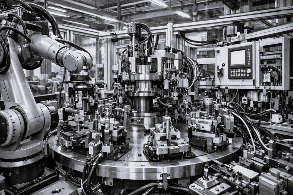 Sondermaschinenbau Automatisierte Fertigungslinie im Sondermaschinenbau mit Roboterarm, Rundtakttisch und Steuerungseinheit.